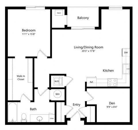 a 2D floorplan of the 1-bedroom Bostwick with Den at The Conrad in Omaha, NE 68105